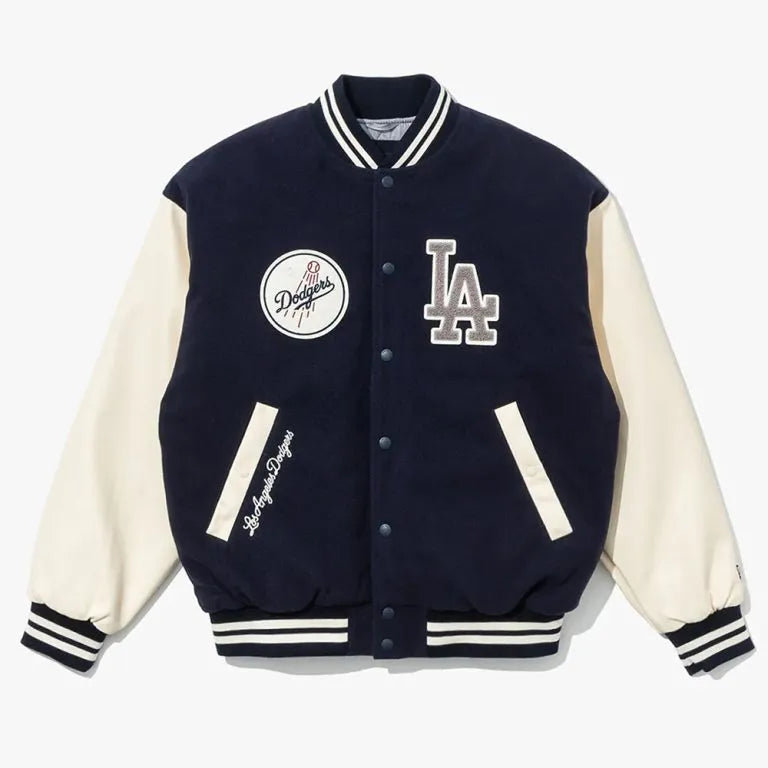 Los Angeles Dodgers Navy Blue Wool & White Leather Sleeves Varsity Men's Jacket