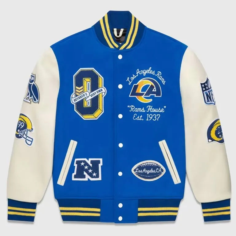 OVO Los Angeles Rams Royal Blue Wool and White Genuine Leather Sleeves Men's Varsity Letterman Jacket