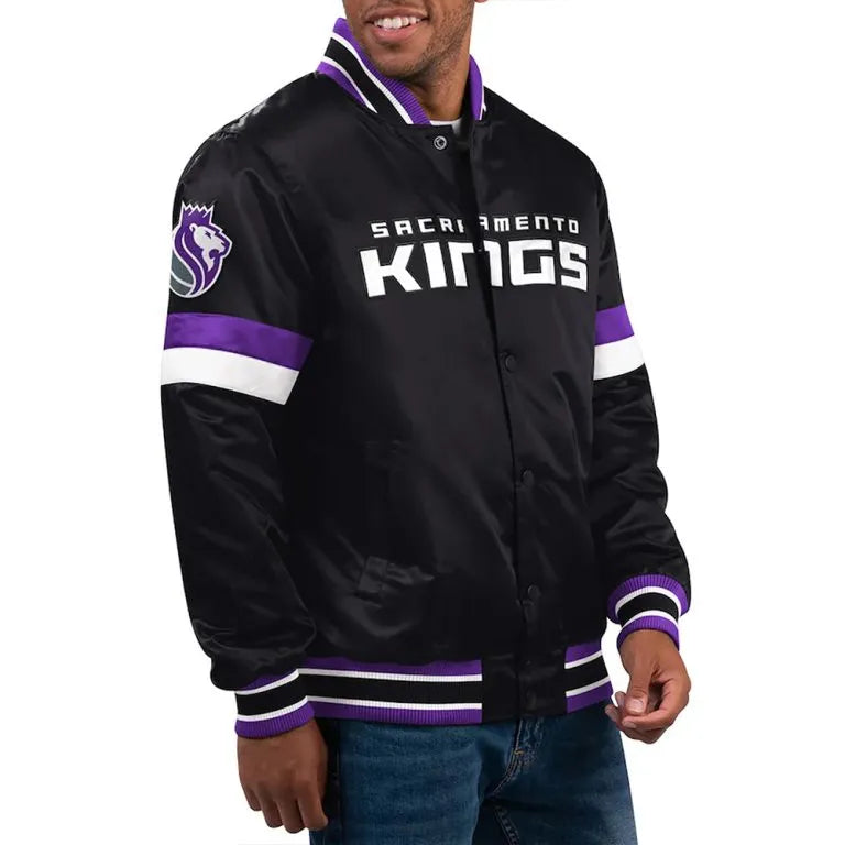 Sacramento Kings Youth Home Game Full-Snap Varsity Purple and Black Satin Men's Bomber Jacket