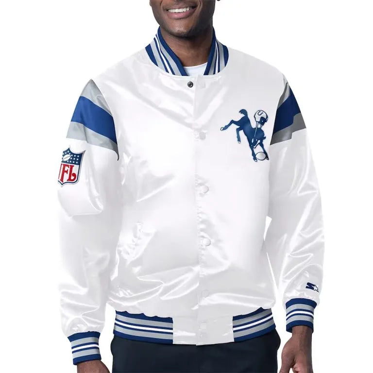 Indianapolis Colts Midweight Full-Snap Varsity White Satin Men's Bomber Jacket
