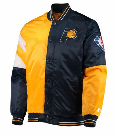 Indiana Pacers Full-Snap Varsity Yellow and Navy Blue Satin Men's Bomber Jacket