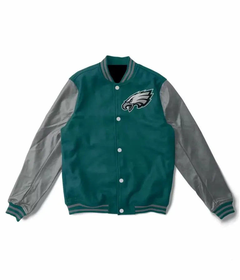Philadelphia Eagles Green Wool & Grey Genuine Leather Sleeves Men's Varsity Letterman Jacket