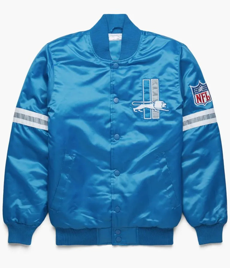 Detroit Lions Full-Snap Varsity Light Blue Satin Men's Bomber Jacket
