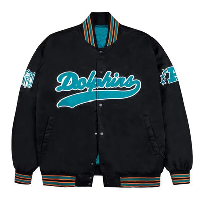 Miami Dolphins Full-Snap Varsity Black Satin Men's Bomber Jacket