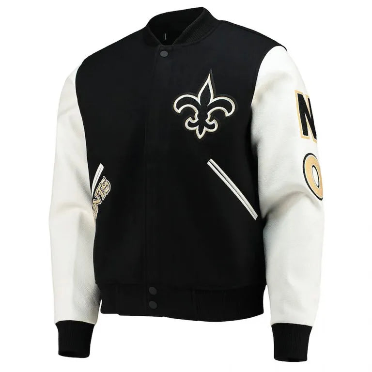 New Orleans Saints Logo Mash Up Black Wool & White Genuine Leather Sleeves Men's Varsity Letterman Jacket