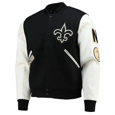 New Orleans Saints Logo Mash Up Black Wool & White Genuine Leather Sleeves Men's Varsity Letterman Jacket