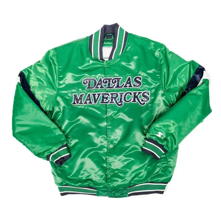 Dallas Mavericks Home Game Hardwood Full-Snap Varsity Green Satin Men's Bomber Jacket
