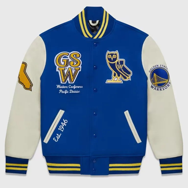 OVO Golden State Warriors Varsity Blue Wool & White Genuine Leather Sleeves Men's Bomber Jacket