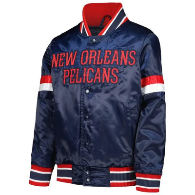 New Orleans Pelicans Home Game Full-Snap Varsity Navy Blue Satin Men's Bomber Jacket