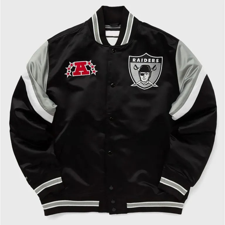 Los Angeles Raiders Heavyweight Full-Snap Varsity Black Satin Men's Bomber Jacket