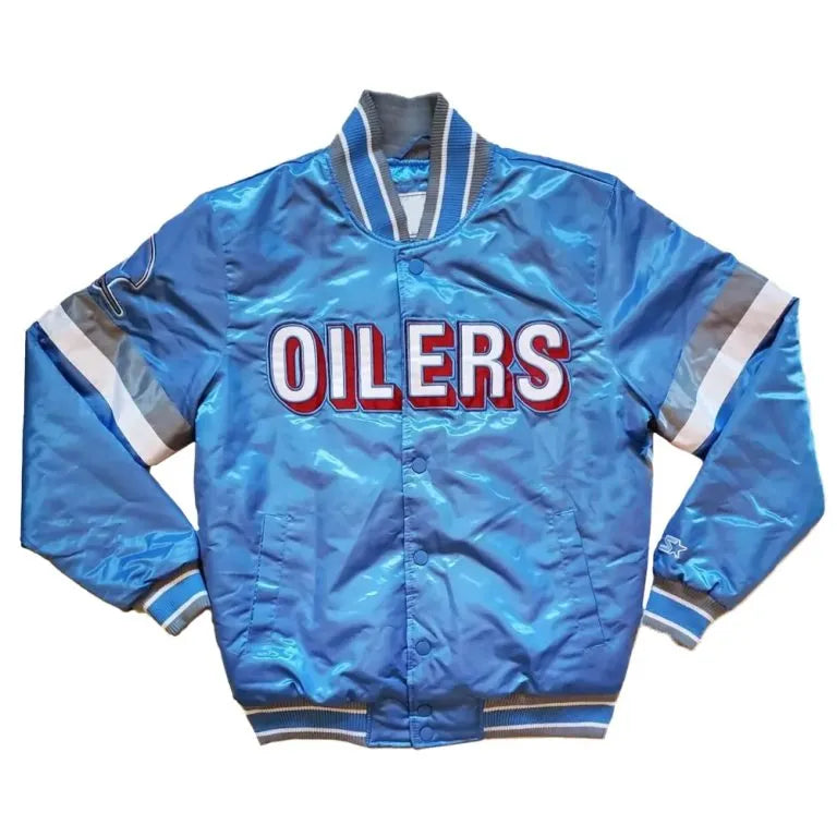 1980’s Houston Oilers Full-Snap Varsity Blue Satin Men's Bomber Jacket