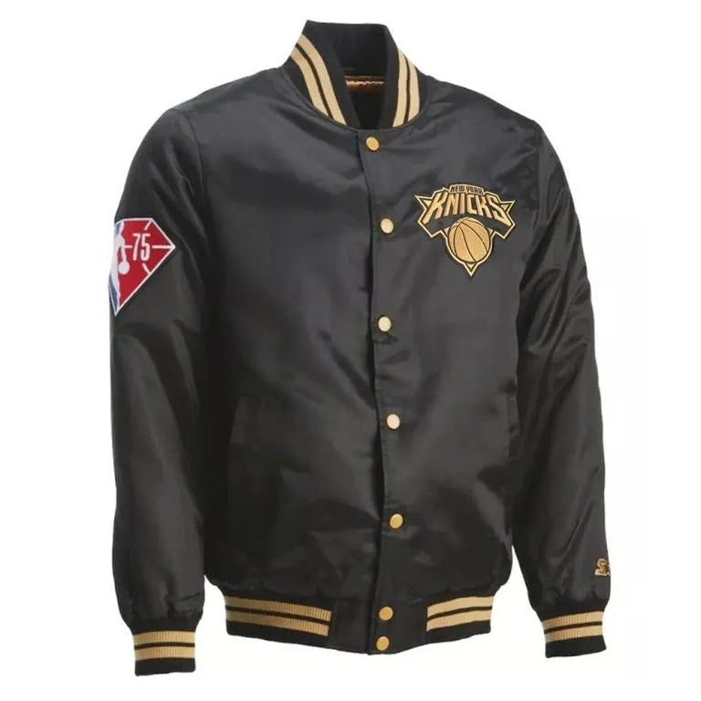 New York Knick 75th Anniversary Full-Snap Varsity Black/Gold Satin Men's Bomber Jacket