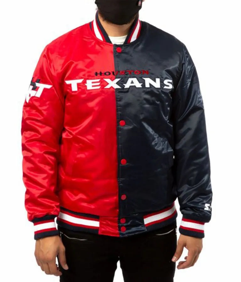 Houston Texan Full-Snap Varsity Red and Navy Blue Satin Men's Bomber Jacket