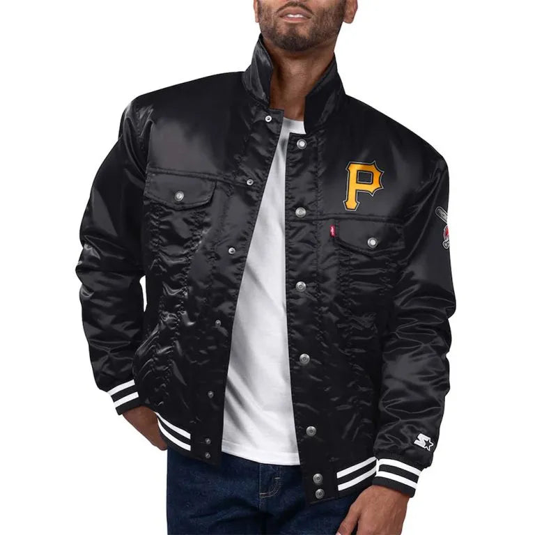 Pittsburgh Pirates Silver Tab Trucker Full-Snap Black Satin Men's Jacket