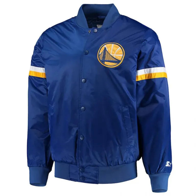 Golden State Warriors The Champ Full-Snap Varsity Royal Blue Satin Men's Bomber Jacket