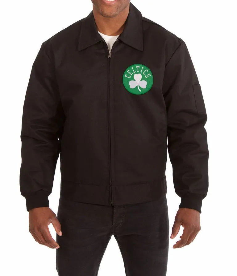 Boston Celtics Workwear Full-Snap Varsity Black Cotton Men's Bomber Jacket