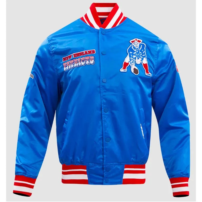 New England Patriots Retro Classic Rib Full-Snap Varsity Royal Blue Satin Men's Bomber Jacket