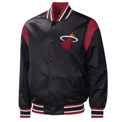 Miami Heat Force Play Full-Snap Varsity Black Satin Men's Bomber Jacket