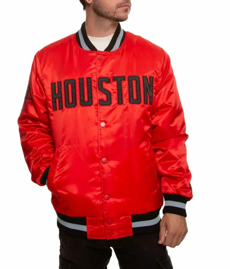 Houston Rockets Full-Snap Varsity Red Satin Men's Bomber Jacket