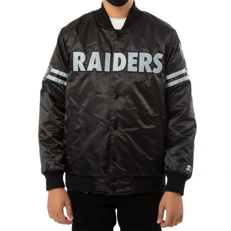 Los Angeles Raiders Striped Full-Snap Varsity Black Satin Men's Bomber Jacket