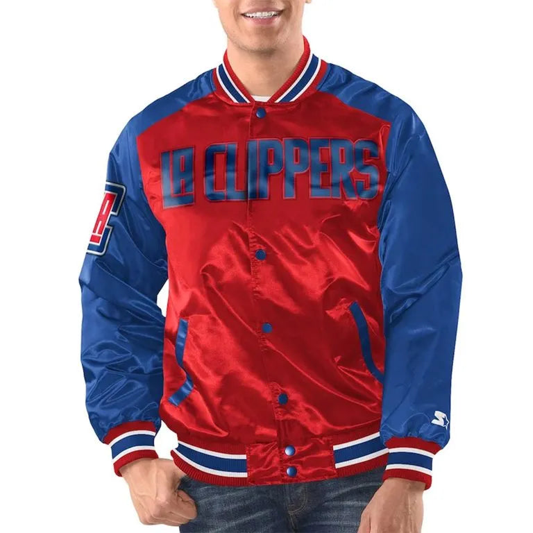 Los Angeles Clippers Renegade Full-Snap Varsity Red & Royal Blue Satin Men's Bomber Jacket