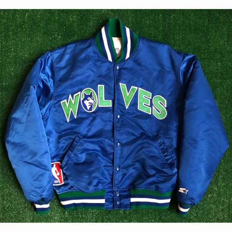 90’s Minnesota Timberwolves Full-Snap Varsity Blue Satin Men's Bomber Jacket
