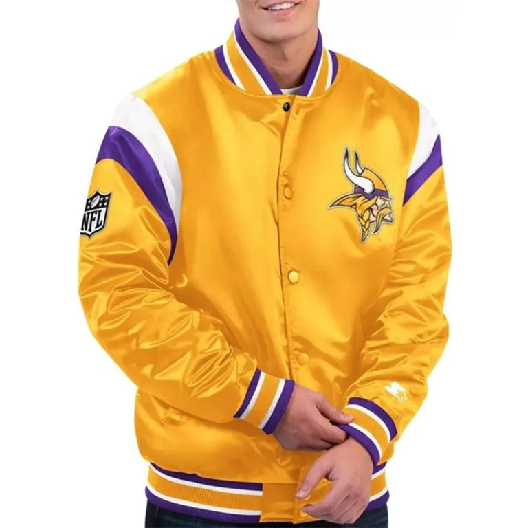Minnesota Vikings Throwback Warm Up Pitch Full-Snap Varsity Yellow Satin Men's Bomber Jacket
