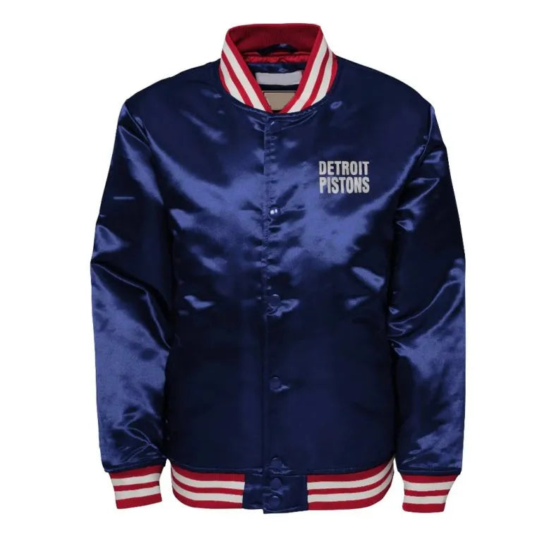 Detroit Pistons Heavyweight Full-Snap Varsity Navy Blue Satin Men's Bomber Jacket