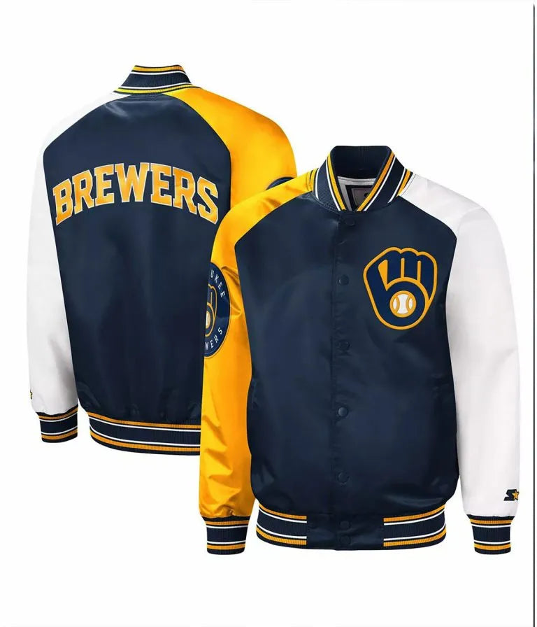 Milwaukee Brewers Reliever Navy Blue and Yellow Satin Full Snap Men's Jacket