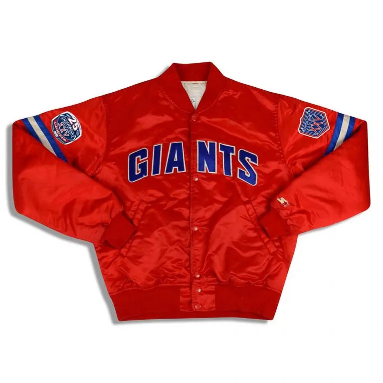 New York Giants 25th Anniversary Full-Snap Varsity Red Satin Men's Bomber Jacket