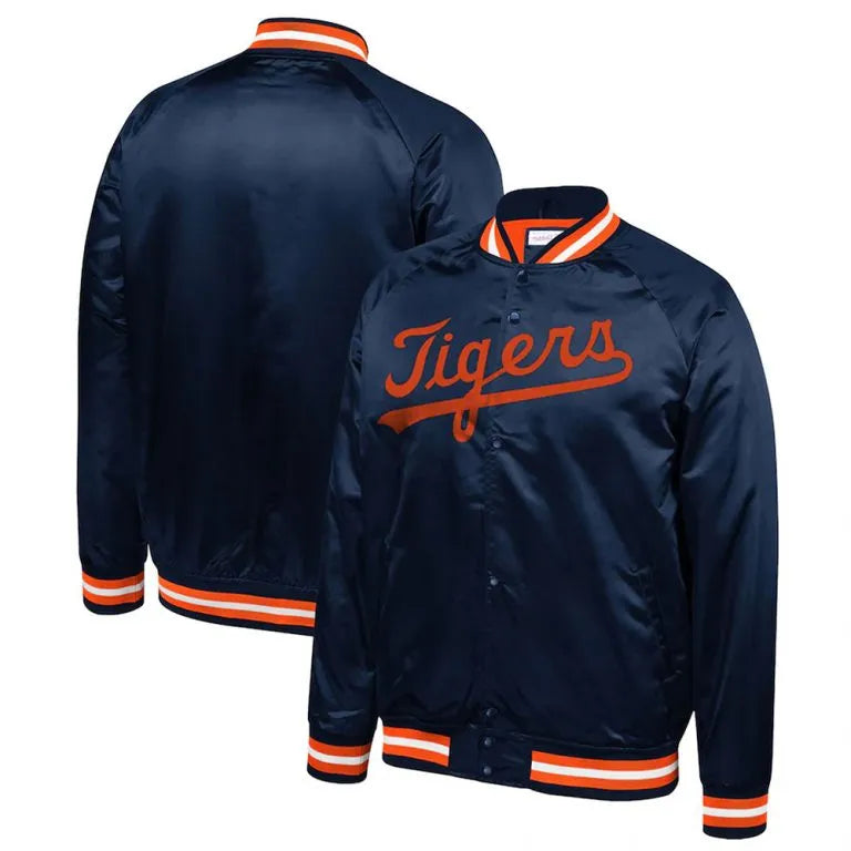 Detroit Tigers Navy Blue Satin Bomber Full-Snap Men's Jacket