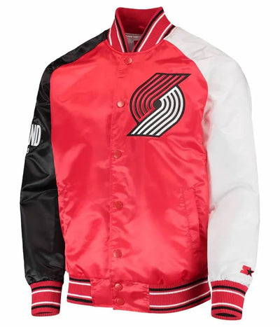 Portland Trail Blazers Reliever Full-Snap Varsity Tri Color Satin Men's Bomber Jacket