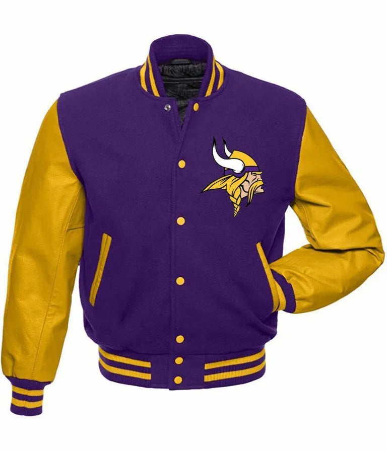Minnesota Vikings Purple Wool and Yellow Genuine Leather Sleeves Men's Varsity Letterman Jacket