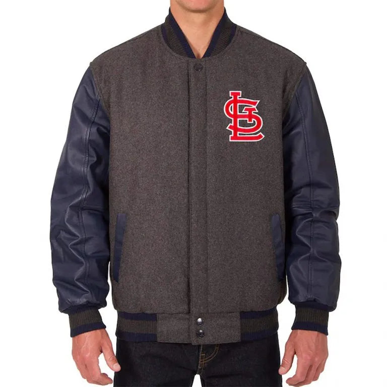 Louis Cardinals Charcoal Wool & Navy Blue Leather Sleeves Varsity Men's Jacket