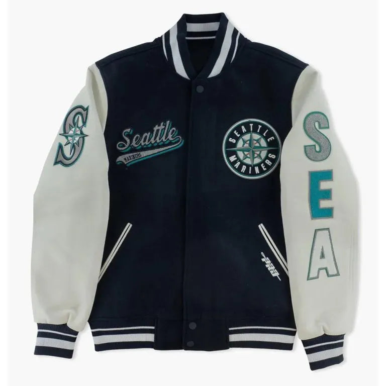 Seattle Mariners Script Tail Navy Blue Wool & White Leather Sleeves Varsity Men's Jacket