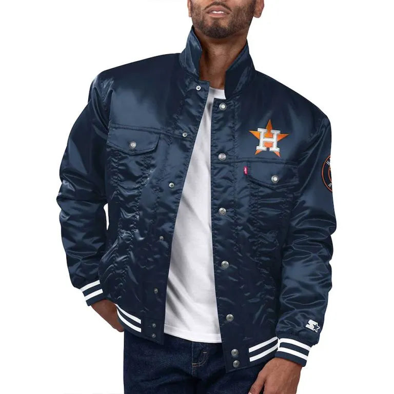 Houston Astros Trucker Silver Tab Full-Snap Navy Blue Satin Men's Jacket