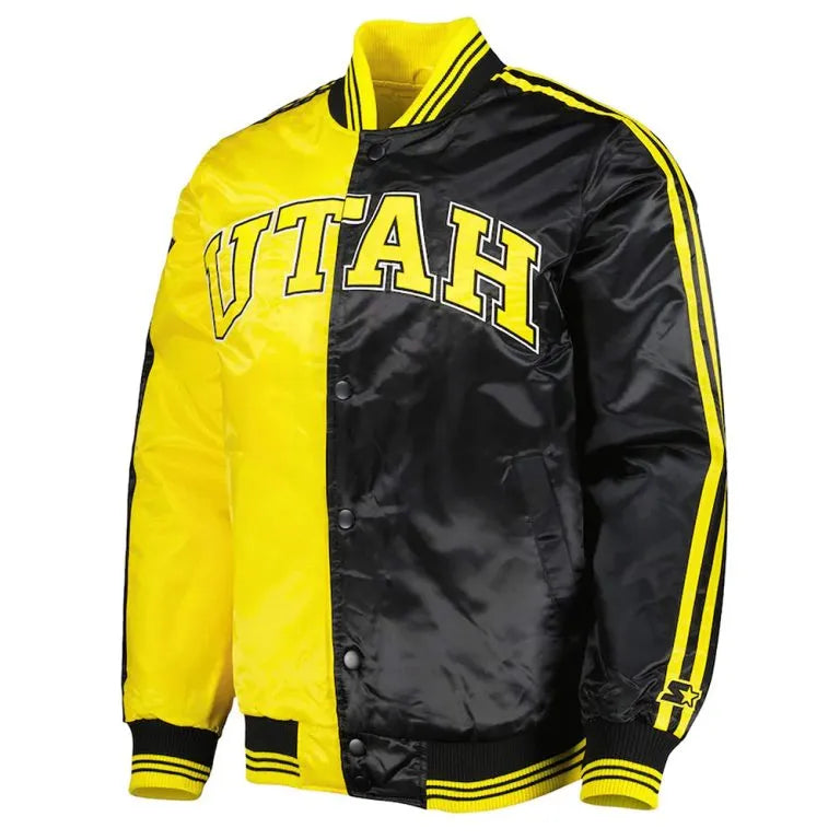 Utah Jazz Fast Break Full-Snap Varsity Yellow/Black Satin Men's Bomber Jacket