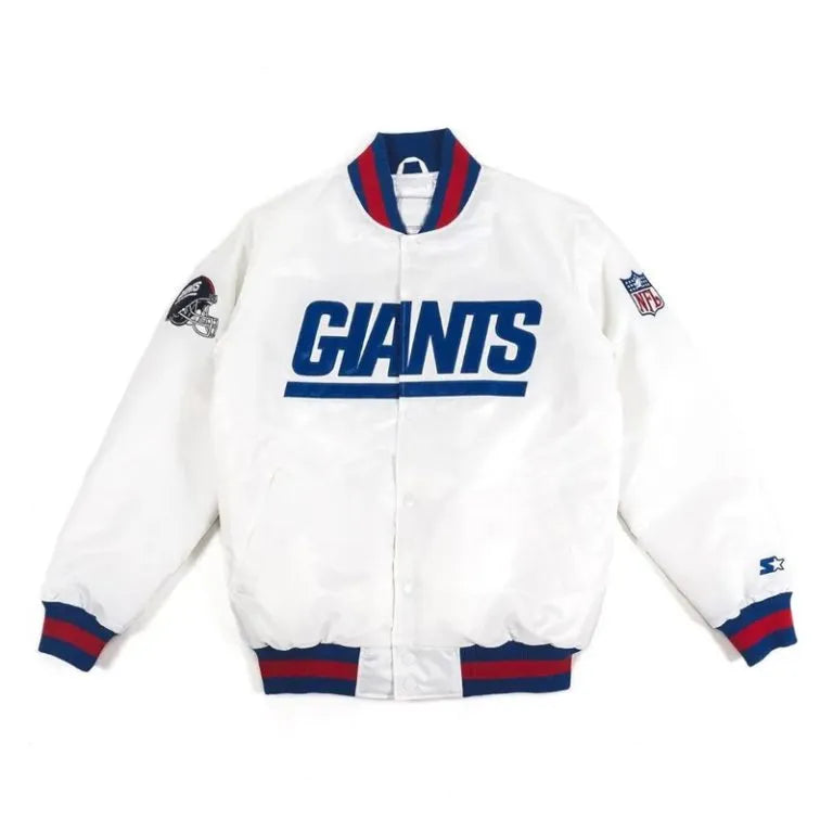 New York Giants Helmet Full-Snap Varsity White Satin Men's Bomber Jacket