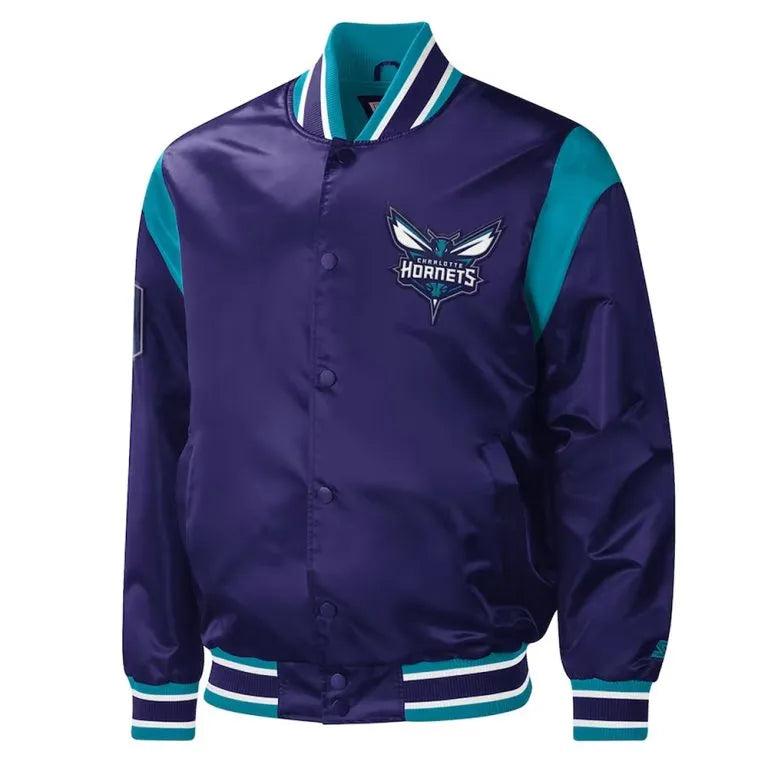 Charlotte Hornets Force Play Full-Snap Varsity Purple Satin Men's Bomber Jacket