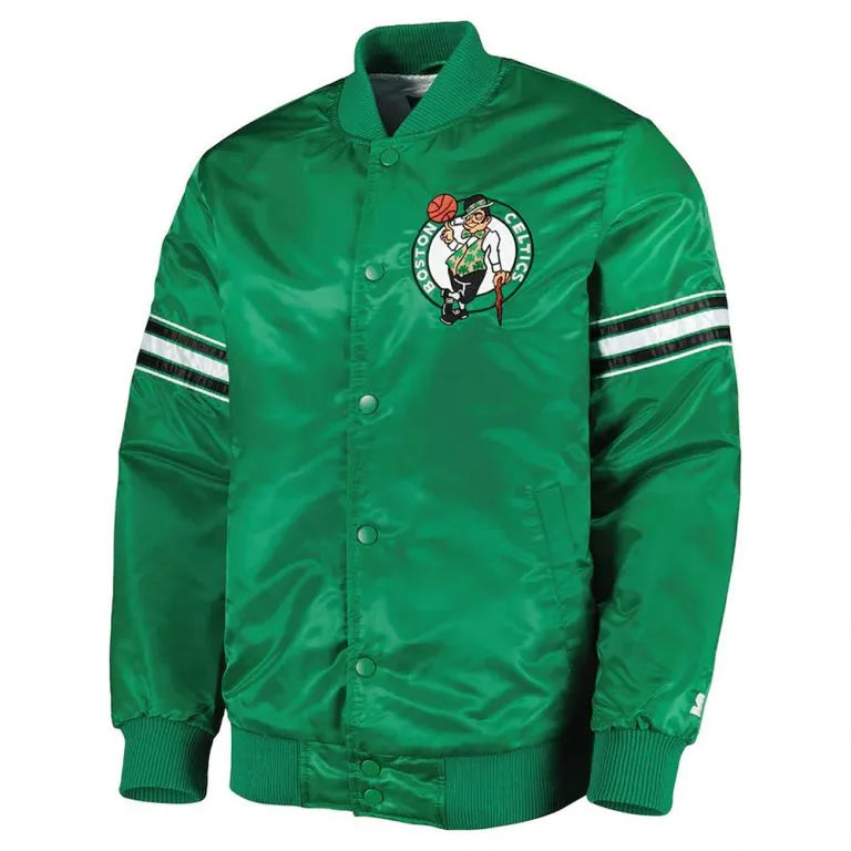 Boston Celtics Pick & Roll Full-Snap Varsity Green Satin Men's Bomber Jacket