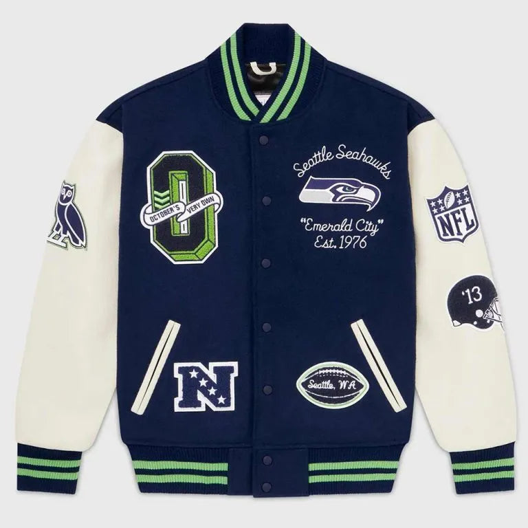 OVO Seattle Seahawks Navy Blue Wool & White Genuine Leather Sleeves Men's Varsity Letterman Jacket