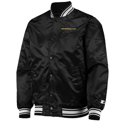 Washington Commanders Locker Room Full-Snap Varsity Black Satin Men's Bomber Jacket