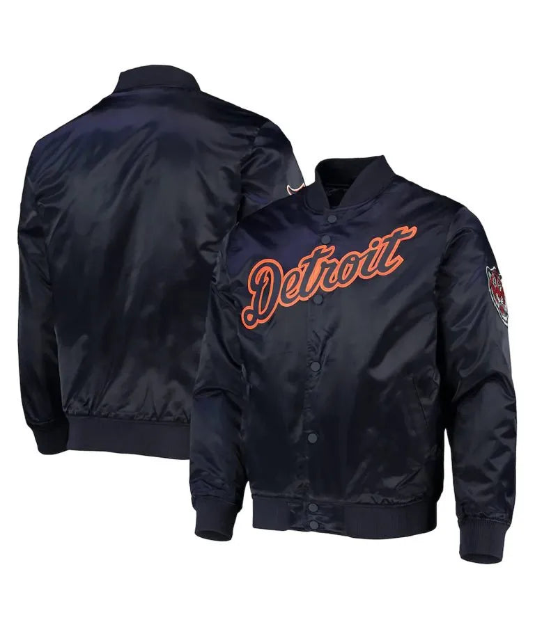 Detroit Tigers Wordmark Navy Blue Satin Full-Snap Bomber Men's Jacket