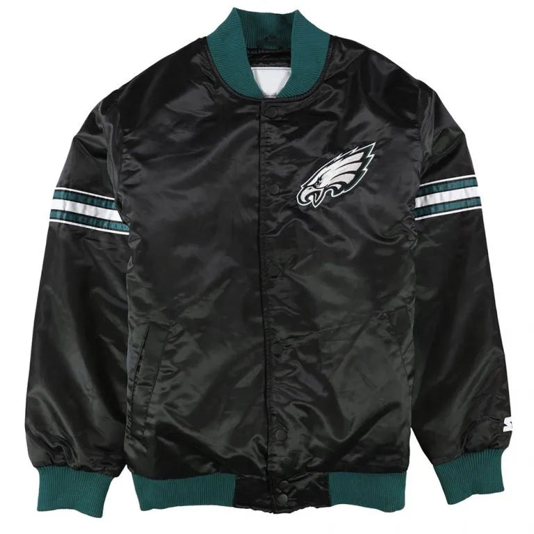 Philadelphia Eagles Track Striped Full-Snap Varsity Black Satin Men's Bomber Jacket