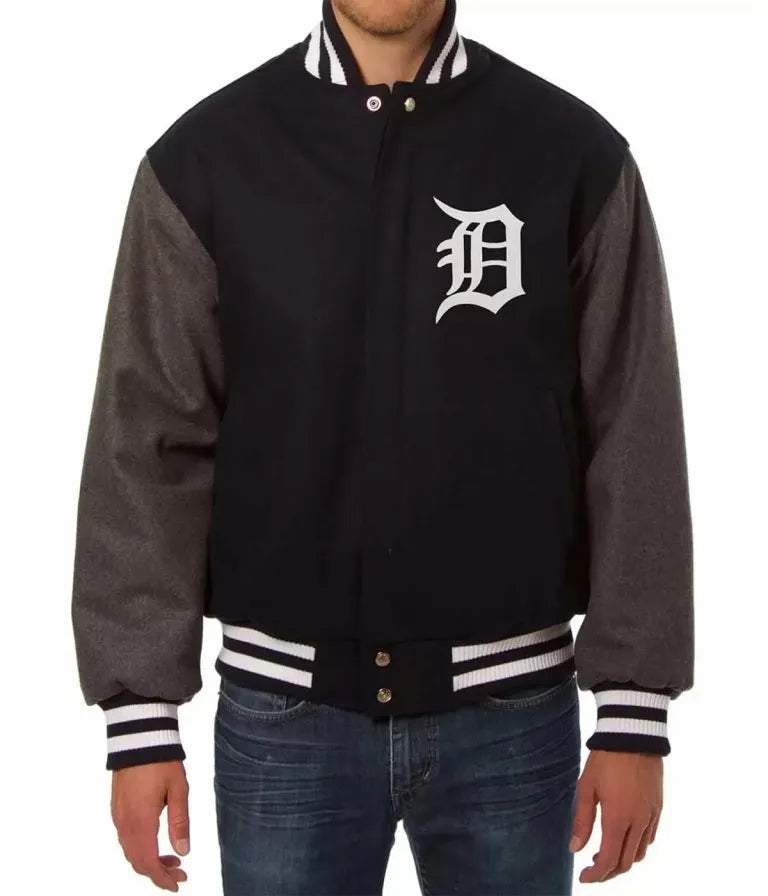 Detroit Tigers Two Tone Black Wool & Gray Leather Sleeves Varsity Men's Jacket