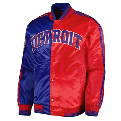 Detroit Pistons Fast Break Full-Snap Varsity Royal Blue & Red Satin Men's Bomber Jacket
