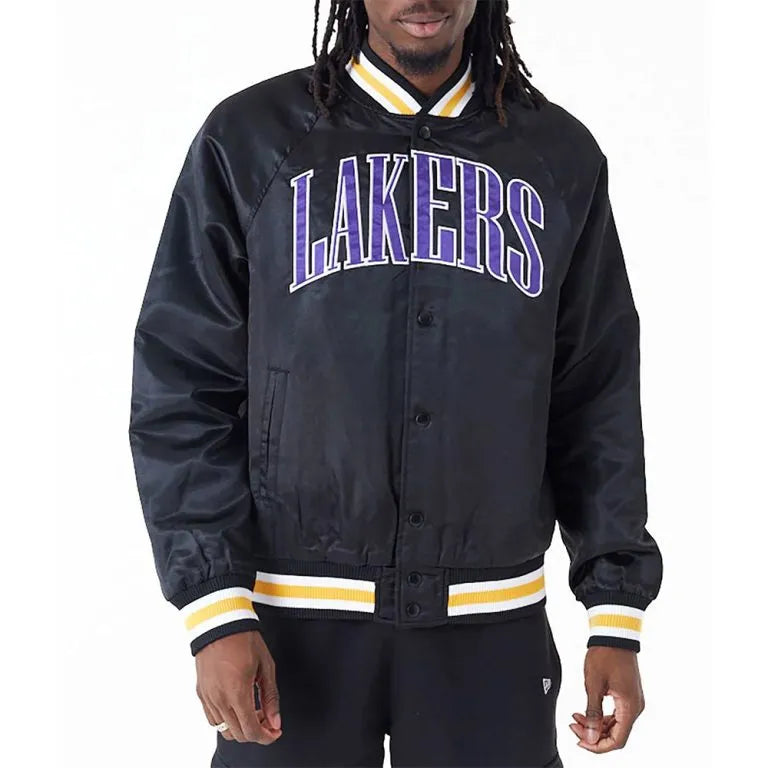 Los Angeles Lakers Applique Full-Snap Varsity Black Satin Men's Bomber Jacket