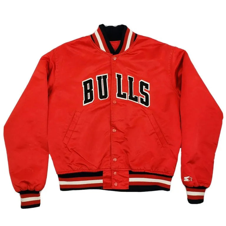 80s Chicago Bulls Full-Snap Varsity Red Satin Men's Bomber Jacket