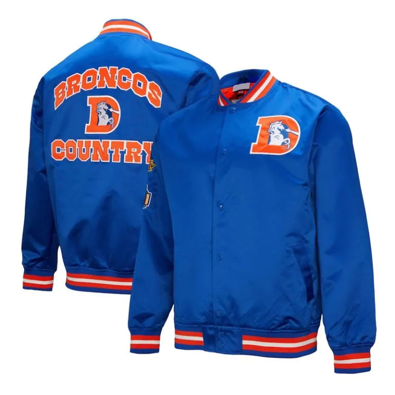 Denver Broncos Double Down Full-Snap Varsity Royal Blue Satin Men's Bomber Jacket