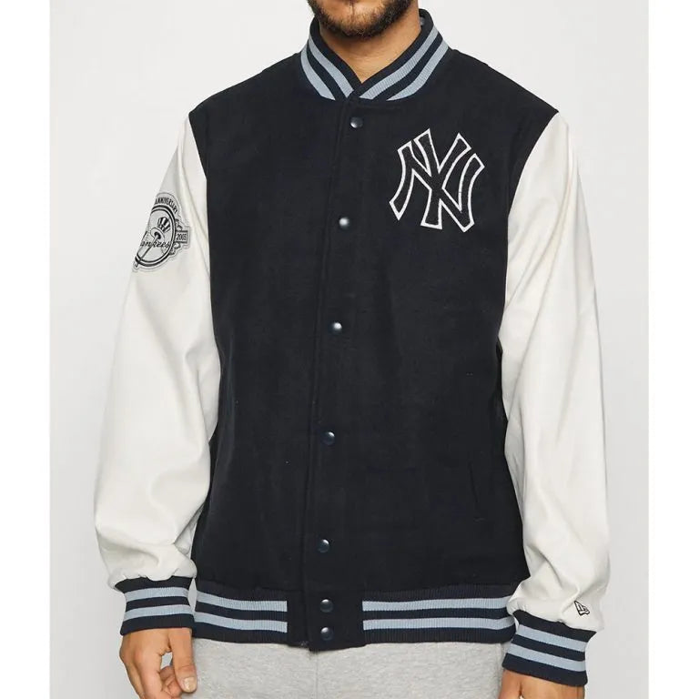 NY Yankees Navy Blue Wool and White Leather Sleeves Men's Jacket